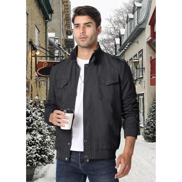 Men's Gray  Winter Cargo Fleece Sherpa Lined Casual Windproof Bomber Jacket - Picture 6 of 6